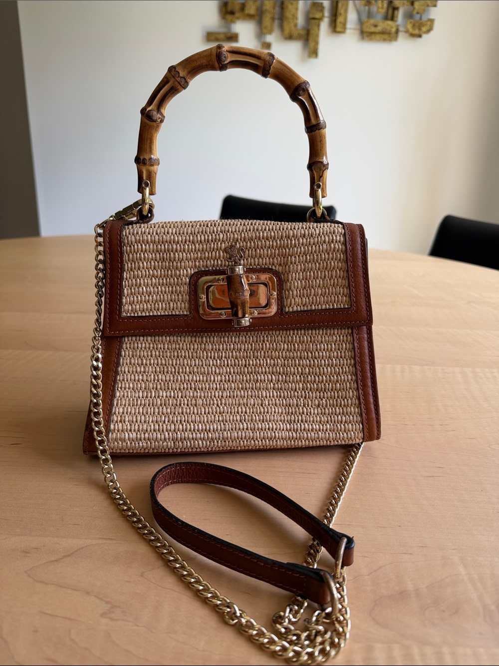 PRATESI Summer Bag with Rafia and Leather Trim Crossbody Bamboo Handle Bag